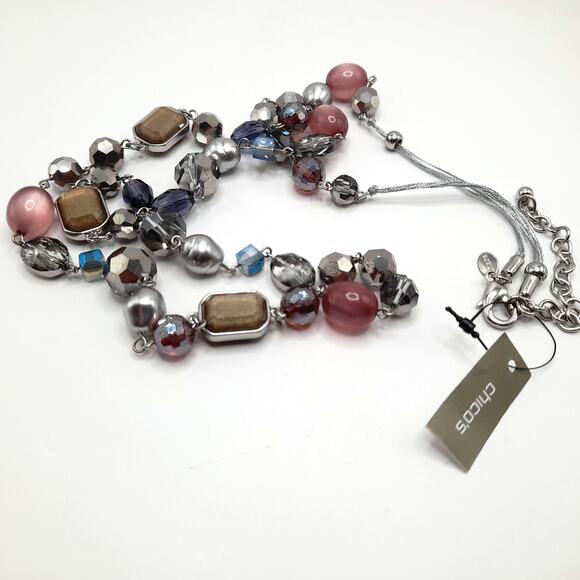 Chico’s Multi Strand Beaded Necklace NWT Silver Tone Mixed Beads 44 Inch - Picture 9 of 9